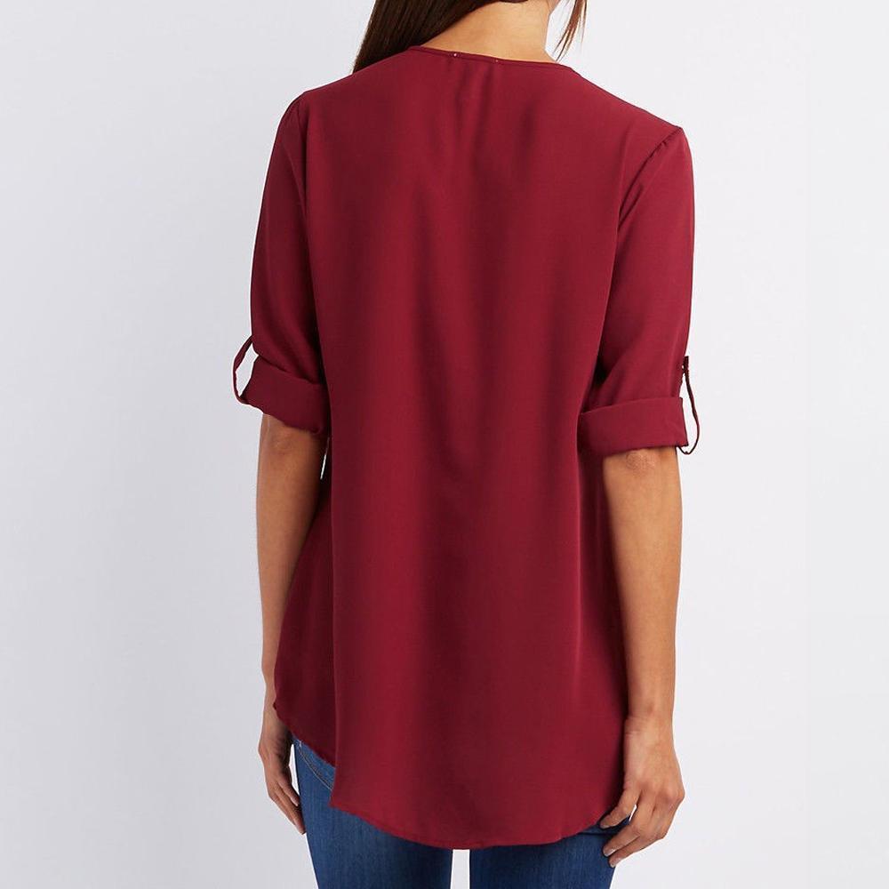 V Neck Zipper Patchwork Plain Blouses