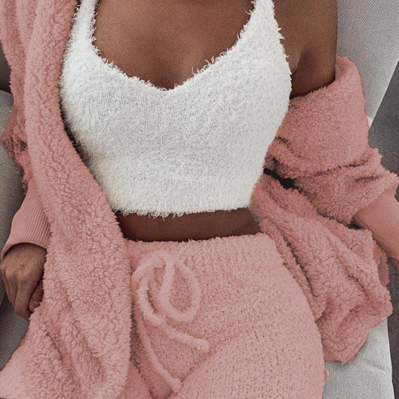 Fluffy Hooded Open Front Teddy Coat & Short Sets