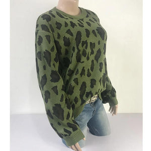 Women Long-sleeved Round Neck Solid Leopard Sweater