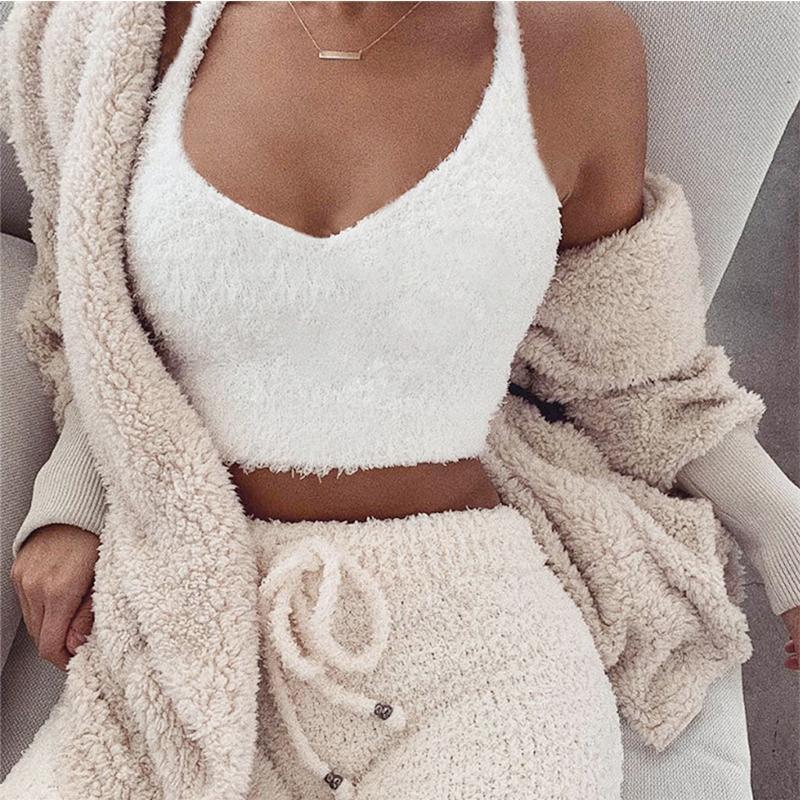 Fluffy Hooded Open Front Teddy Coat & Short Sets