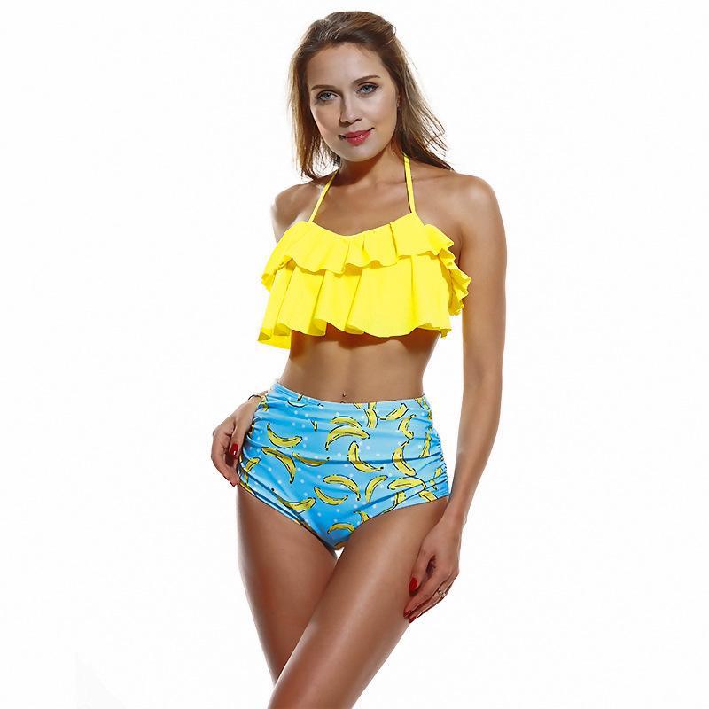 Double ruffled ruffled shoulder swimsuit