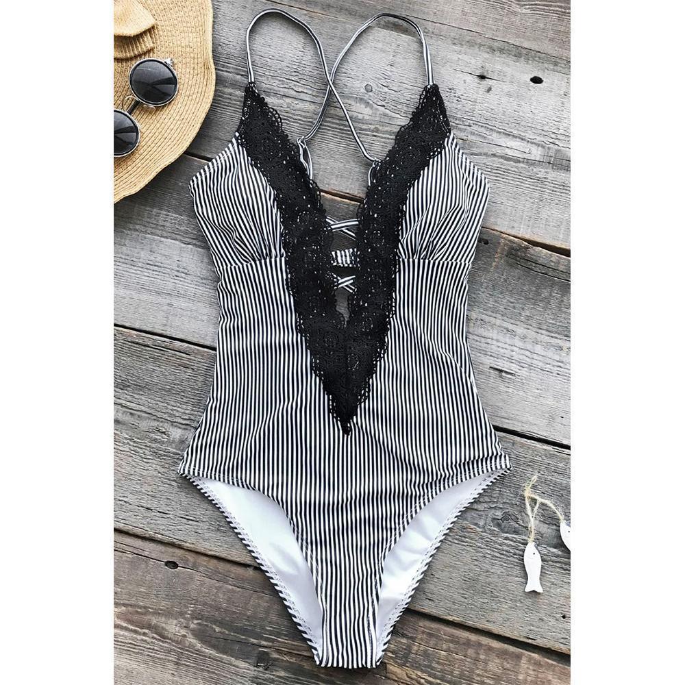 Lace Stripe One-Piece Swimsuit