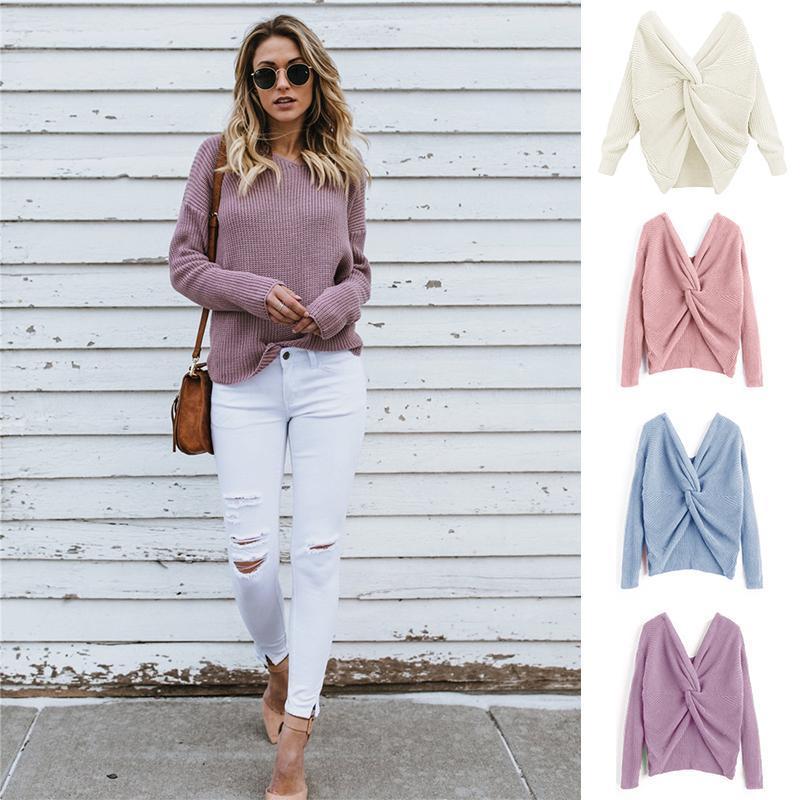 Women's Casual Cross Backless Long Batwing Sleeve Sweater