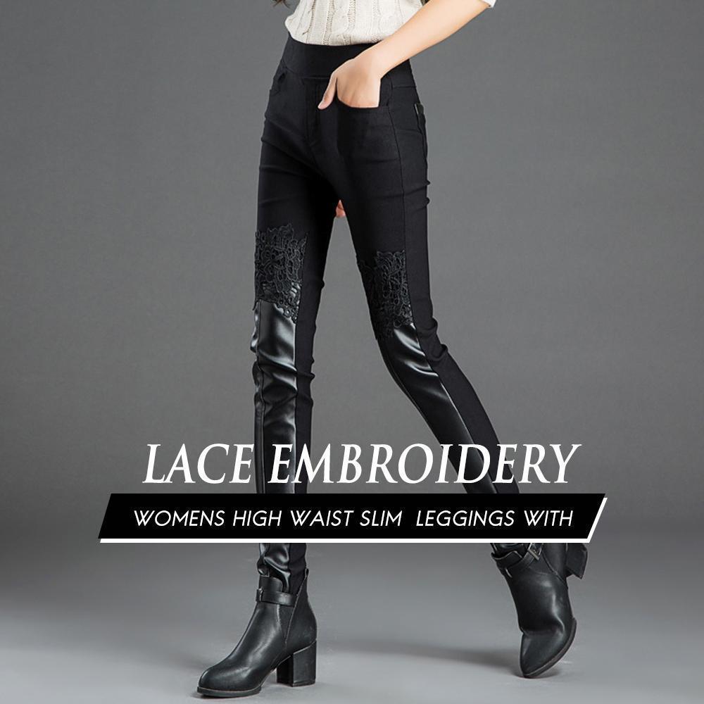 Womens Leggings With Lace Embroidery PU Elastic Long Pants