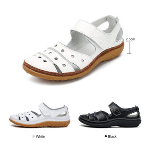 Leather Hollow Out Hook Loop Casual Flat Sandals For Women