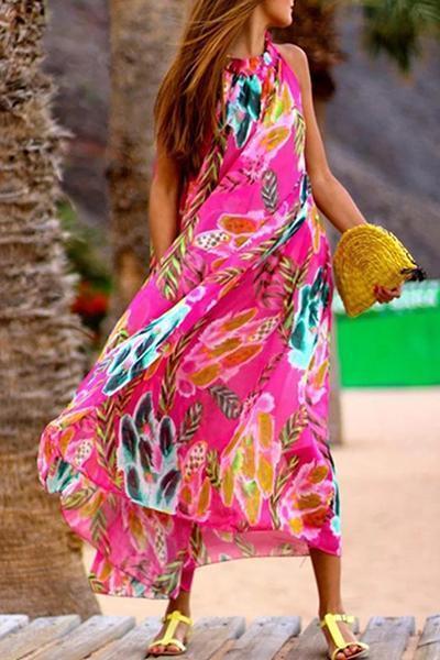 Bohemia Halter Neck Floral Print Vacation Maxi Dress