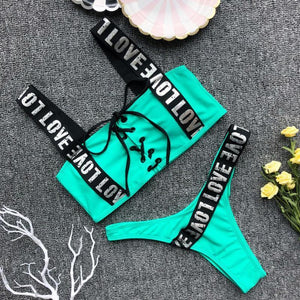 Spaghetti Strap Drawstring Letters Bikini