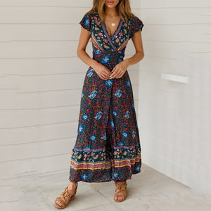 New Bohemian Big Pendulum V-Neck Beach Holiday Tie Printing Maxi Dresses.MC