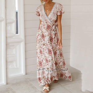 New Bohemian Big Pendulum V-Neck Beach Holiday Tie Printing Maxi Dresses.MC