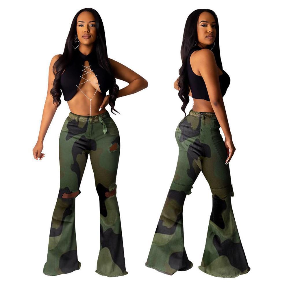 Camouflage Print Hole Flared Pants