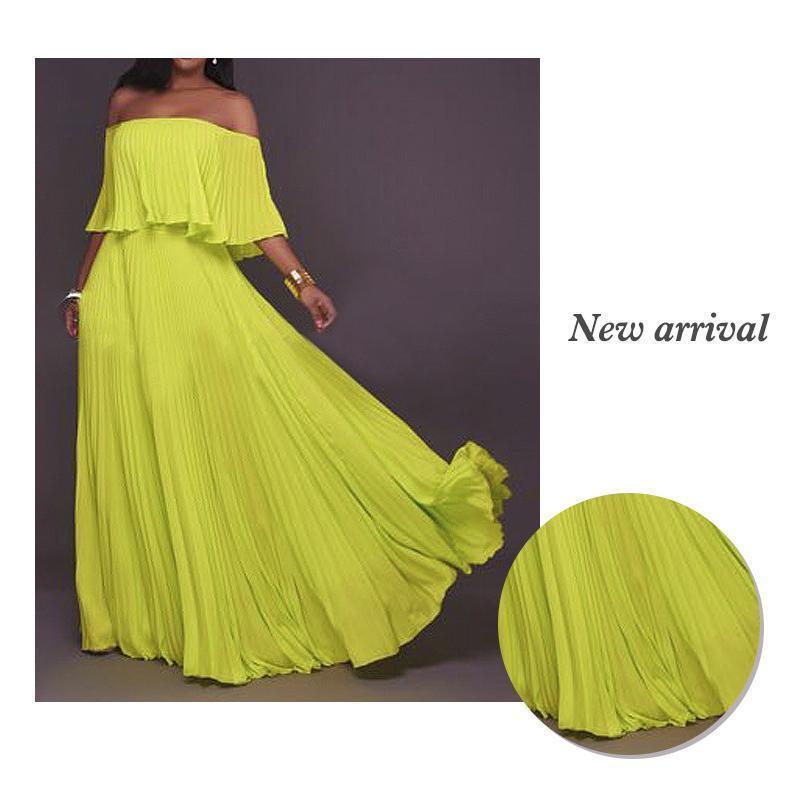 One-word Collar Pleated Maxi Prom Dress