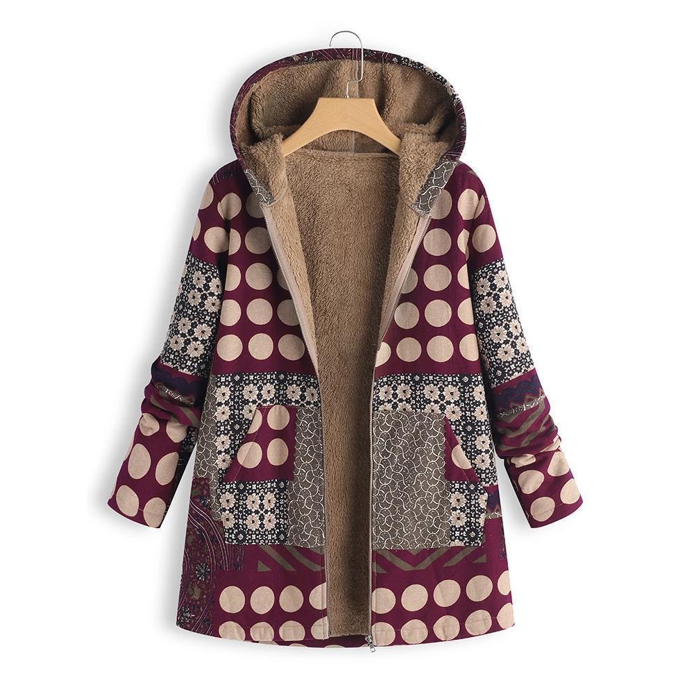 Dotted coat with hood and patchwork pattern