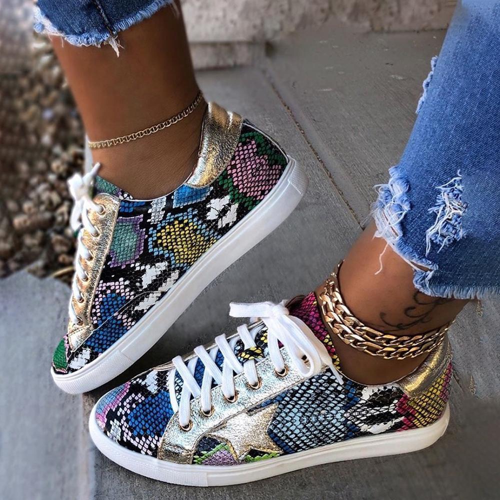 Glitter Lace-Up Star Pattern Casual Sneakers