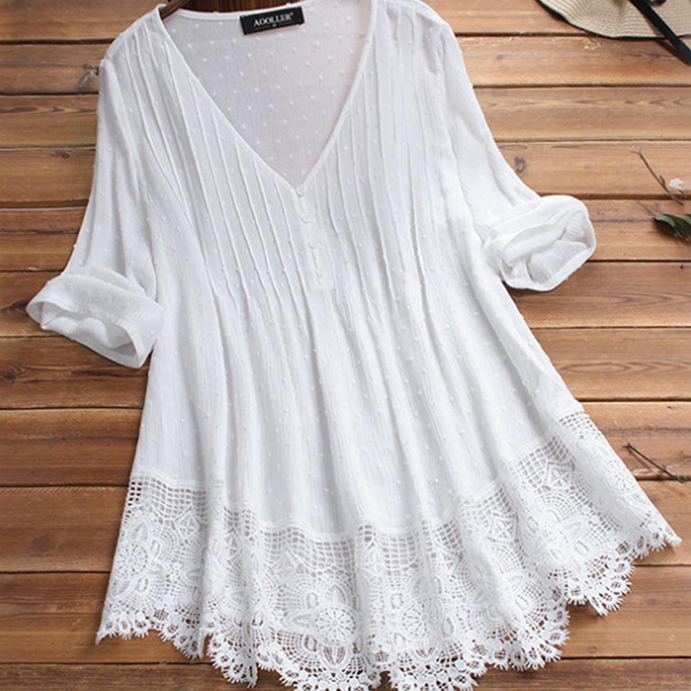 Jacquard Pleated Lace Hollow Out V-neck Plus Size Blouse