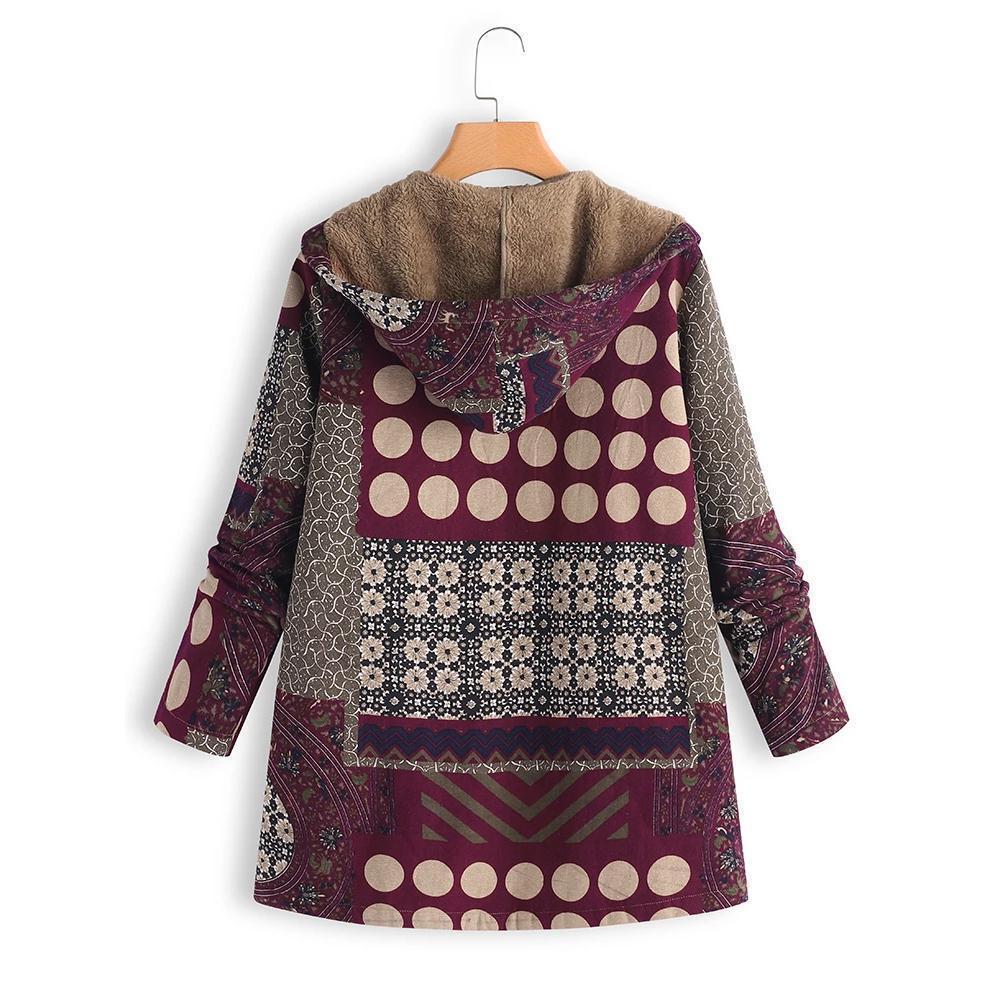 Dotted coat with hood and patchwork pattern