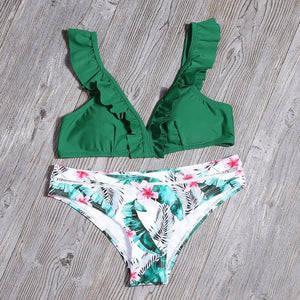 Print swimsuit with frills