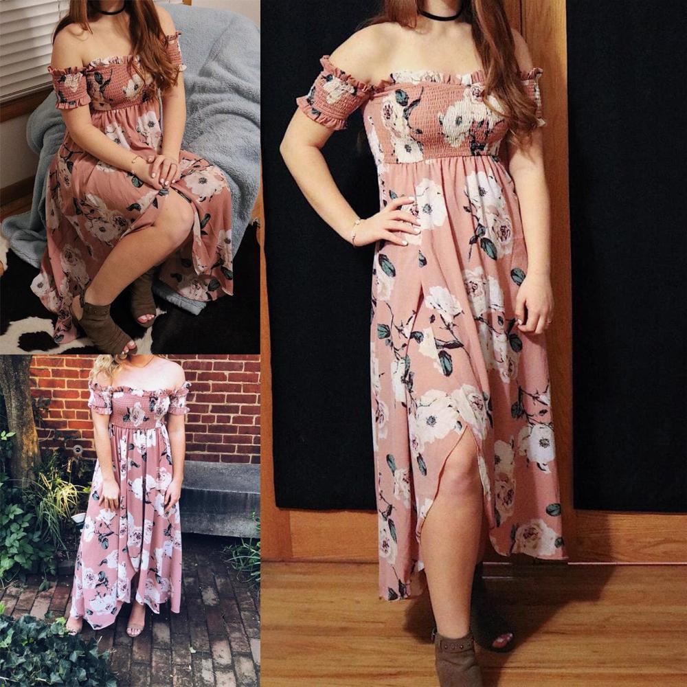 Off Shoulder Shirred Slit Floral Maxi Dress