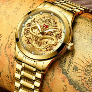 Fashionable Embossed Golden Dragon Watch