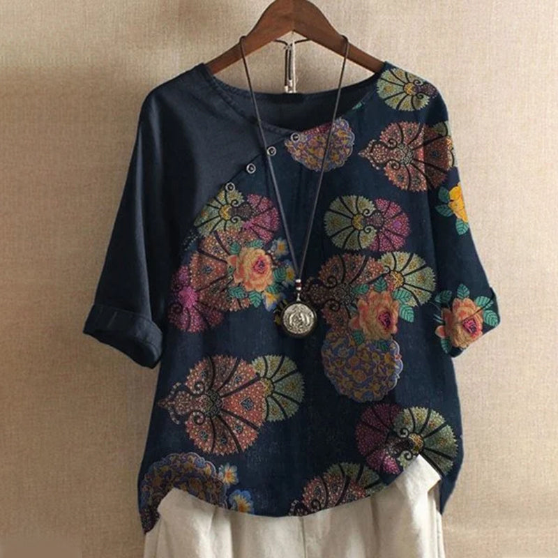 Women's Button Short Sleeve Floral Print T-Shirt