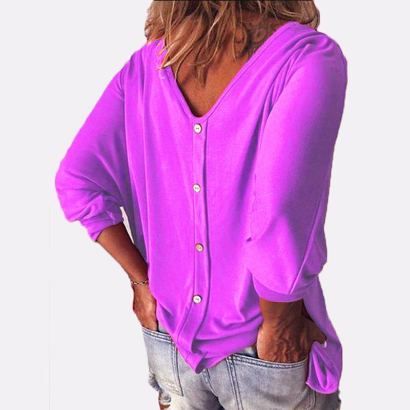 3/4 Sleeve Back Buttons V Neck Tops