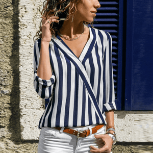 Women Shirt V-neck Striped Print Blouse