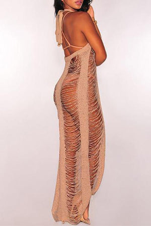 New Distressed Halter Neck Sleeveless Long Beachwear