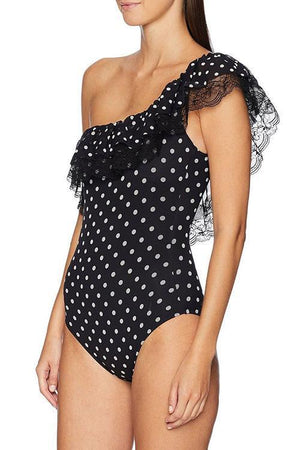 New Polka Dot Lace Splicing Ruffle Swimsuit in Black.AQ