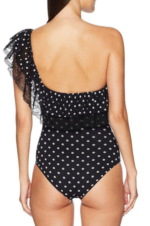 New Polka Dot Lace Splicing Ruffle Swimsuit in Black.AQ