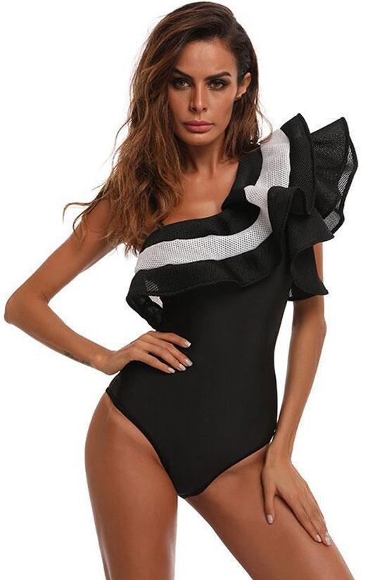 New Contrast Meshlet Ruffle One Shoulder One Piece Swimsuit in Black.AQ