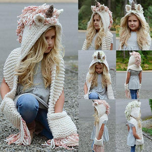 Crochet Cartoon Unicorn Winter Hat With Scarf Pocket